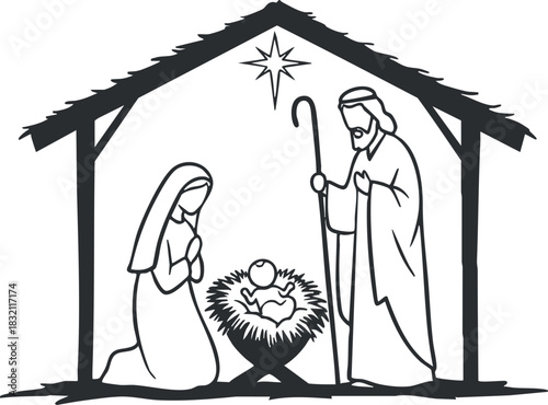 A nativity scene featuring Mary, Joseph, and baby Jesus in minimalist black outline vector style, ideal for Christmas decorations