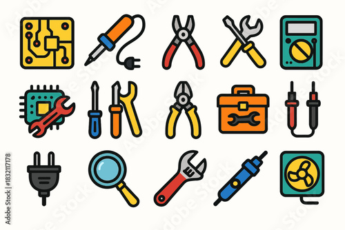 Colorful electronics and tools icons collection for technology and repair enthusiasts