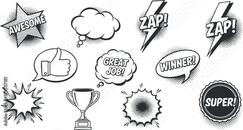 A collection of fun comic-style speech bubbles and icons with phrases like 'Awesome', 'Zap!', and 'Great Job!' in black and white vector style, perfect for creative projects and social media.