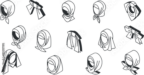 A collection of diverse headscarf designs in minimalist black and white vector style, perfect for fashion illustrations and branding