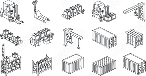 A collection of industrial equipment including forklifts, containers, and cargo in detailed outline vector style, ideal for logistics and supply chain illustrations