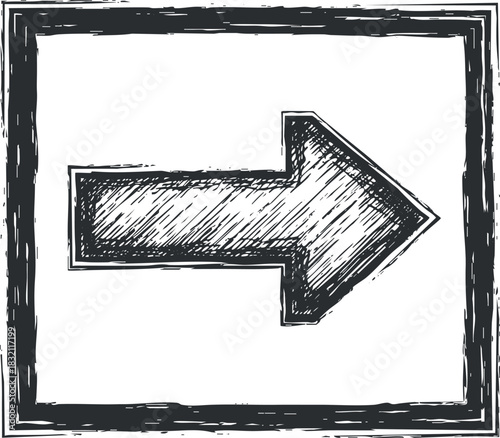 A right-pointing arrow within a hand-drawn frame in sketchy black and white vector style, suitable for directional signage and graphic design