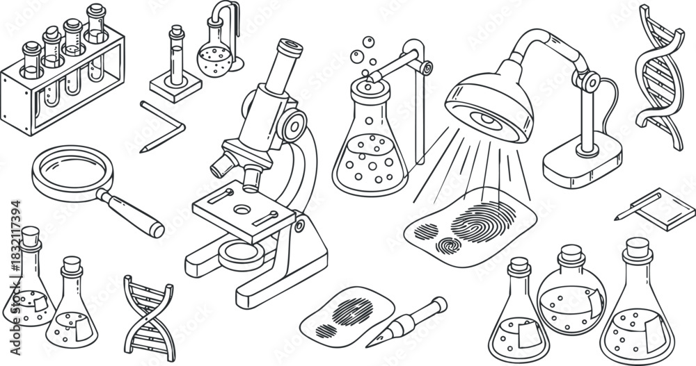 Obraz premium A collection of laboratory equipment including a microscope, test tubes, beakers, and DNA strands in an outline vector style, suitable for educational and scientific themes
