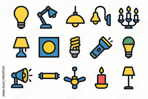 Colorful icon set of various lamps and lighting fixtures