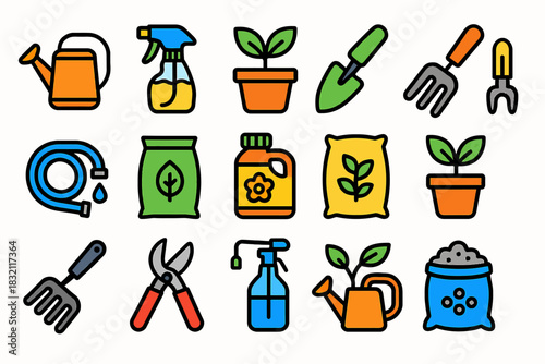 Colorful gardening tool and plant icon set with pots and sprayers