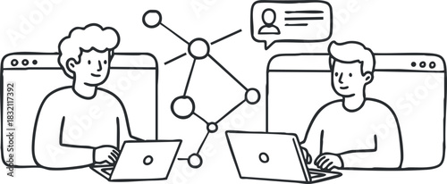 Two people working on laptops connected via a network in a modern minimalist line art vector style, suitable for tech-related projects