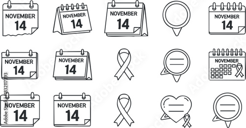 A collection of calendar icons and awareness ribbons for November 14 in minimalist vector style, suitable for event planning and awareness campaigns