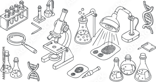 A collection of laboratory equipment including a microscope, test tubes, beakers, and DNA strands in an outline vector style, suitable for educational and scientific themes
