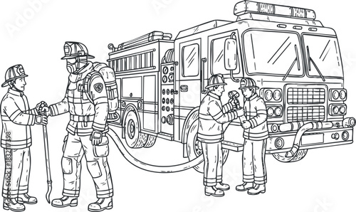 A group of firefighters interacting and preparing near a fire truck in black and white outline vector style, suitable for educational materials