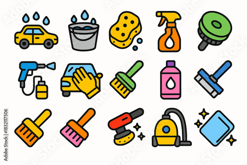 Colorful car wash icons featuring tools and cleaning supplies