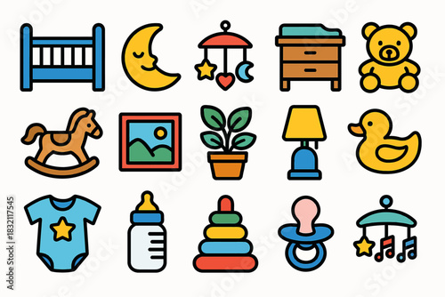 Colorful nursery items: crib, toys, clothes, and decor for baby's room