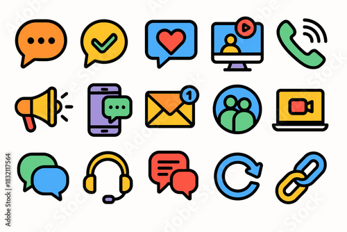 Colorful communication and technology icons including chat, call, and video symbols