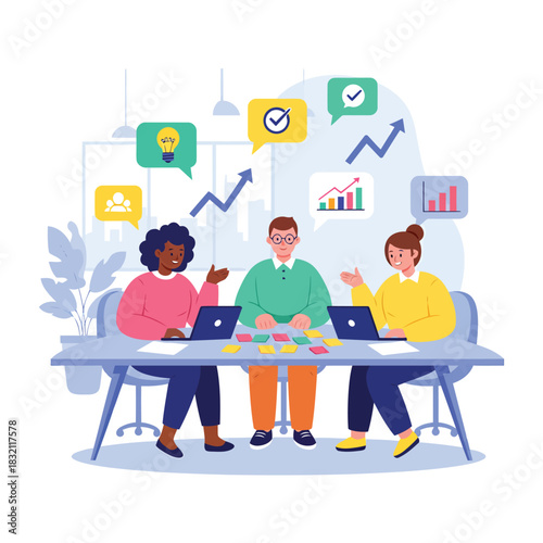 Team collaborating on business project, brainstorming ideas and tracking progress in a modern office