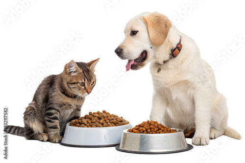 Cute domestic pets eating dry pet food from bowls — a playful  dog and an cat sit together and enjoy their meal. Realistic lighting, high-detail fur, soft shadows, commercial studio style, isolated on