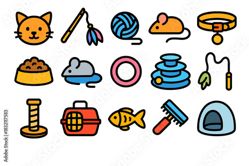 Colorful cat-themed icons featuring toys, accessories, and supplies