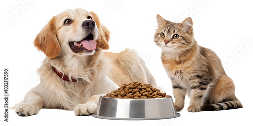 Cute domestic pets eating dry pet food from bowls — a playful  dog and an cat sit together and enjoy their meal. Realistic lighting, high-detail fur, soft shadows, commercial studio style, isolated on