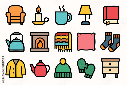 Cozy home icons including fireplace, candle, and warm clothing