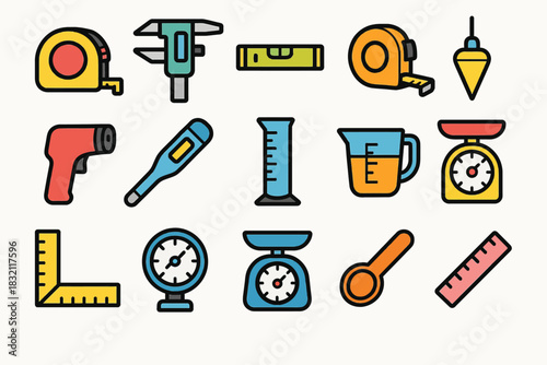 Colorful measuring tools and instruments icons set