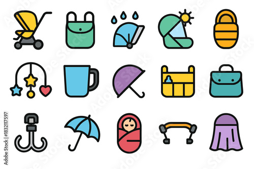 Colorful icons of baby essentials and accessories in simple design