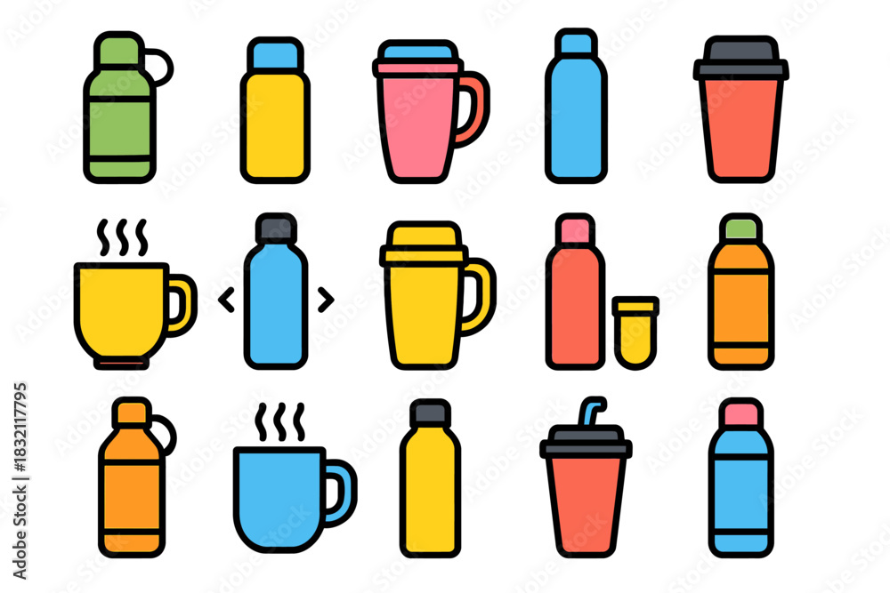 Fototapeta premium Colorful assorted drink containers in simple icon style