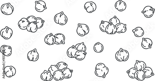 A collection of popcorn kernels in a hand-drawn black and white outline vector style, perfect for snack-related designs