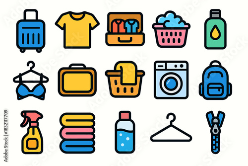 Colorful travel and laundry icons featuring luggage, clothing, and cleaning items