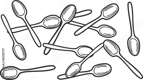 A collection of assorted spoons in a black and white outline vector style, suitable for kitchenware branding and culinary designs