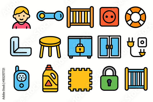 Child safety icons collection: barrier, plug, monitor, lock, cushion, life preserver
