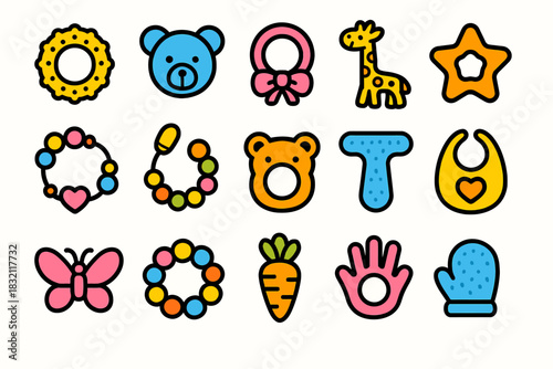 Colorful baby accessories icons set with toys and teething rings