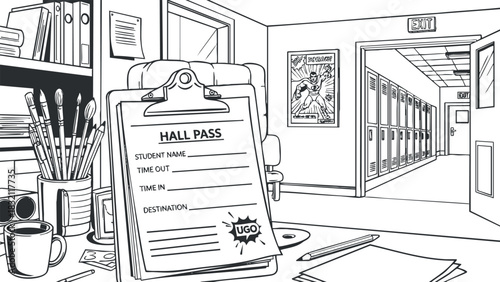 A hall pass on a clipboard with a student name section in black and white minimalist vector style, perfect for educational materials and school designs