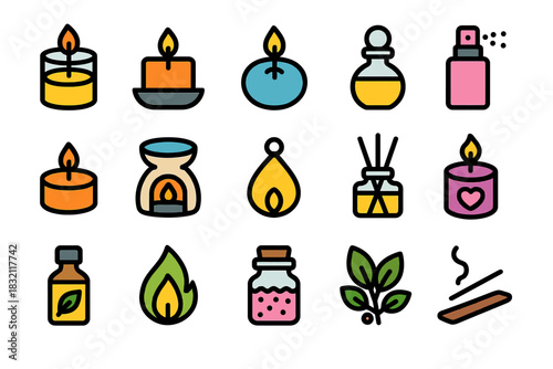 Colorful aromatherapy icons featuring candles, oil diffusers, and essential oils