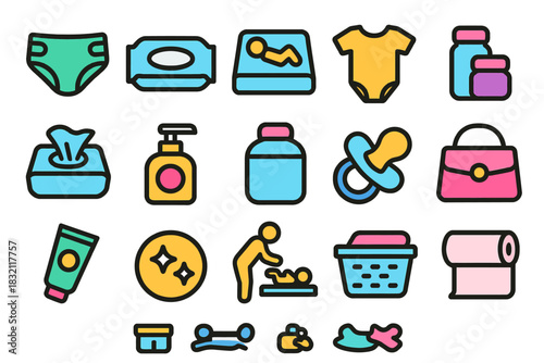 Colorful baby care essentials icons set with diaper, bottle, pacifier