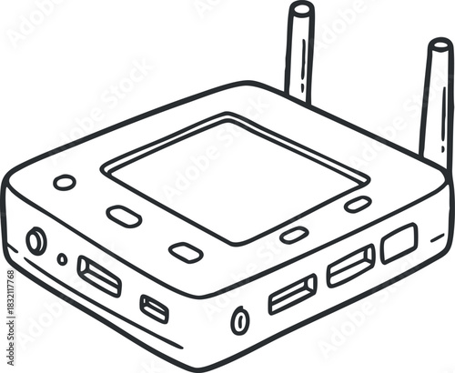 A wireless router device with antennas in minimalist outline vector style, suitable for tech-related branding and digital projects