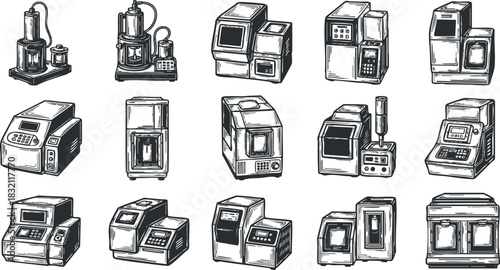 A collection of various kitchen appliances and electronic devices in black and white outline vector style, ideal for home appliance branding and design
