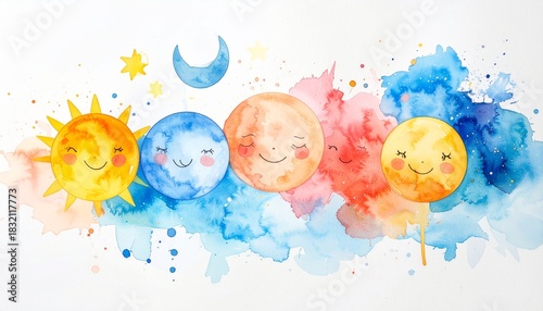 Abstract watercolor background with playful splashes, soft gradients, smiling suns and moons, whimsical and childlike