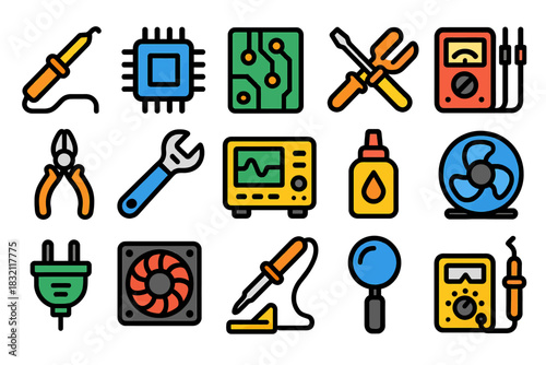 Colorful electronics and repair tools illustration with soldering iron and circuit board