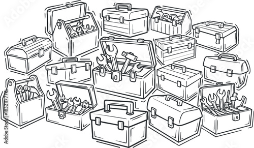 A collection of various toolboxes filled with wrenches and tools in black and white outline vector style, ideal for DIY and repair projects