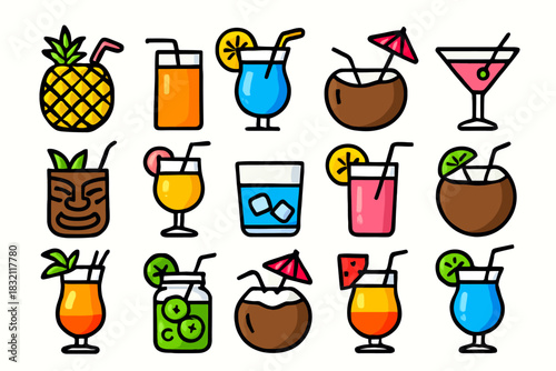 Vibrant collection of refreshing tropical cocktails and fruit drinks
