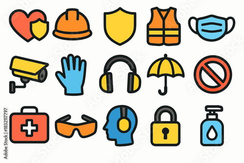 Colorful safety and protection icons including heart, shield, hard hat, vest, mask, and more