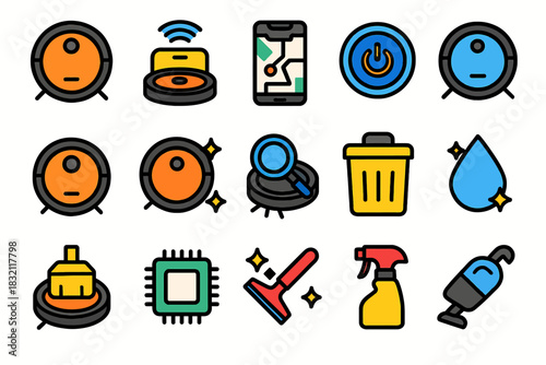Colorful icons of robotic vacuums and cleaning tools