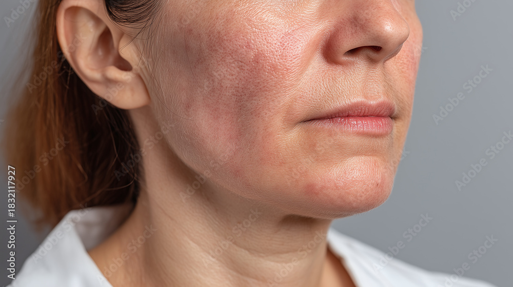 Fototapeta premium Close up of adult woman with rosacea like redness, visible pores, and skin texture on cheek, showing natural aging and mild irritation, neutral expression