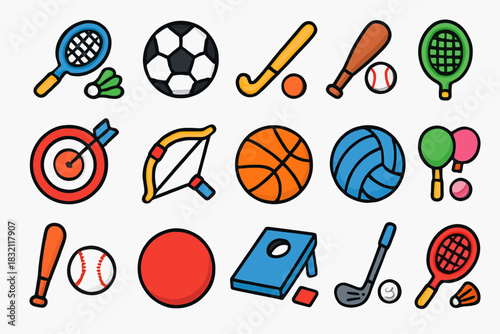 Colorful cartoon illustrations of various sports equipment