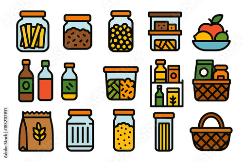 Assorted pantry items: jars, baskets, and bottles in vibrant colors