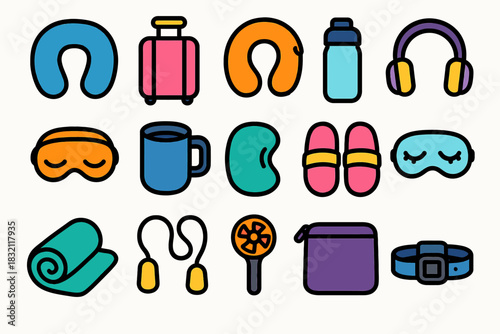 Colorful travel essentials icons: neck pillow, suitcase, headphones, eye mask, mug, water bottle