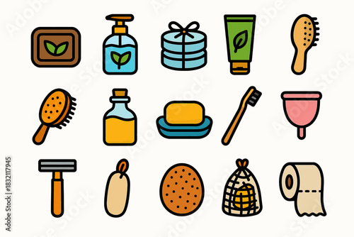 Set of eco-friendly personal care items and toiletries icons
