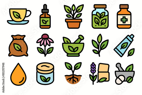 Collection of herbal icons including tea, essential oils, and natural remedies