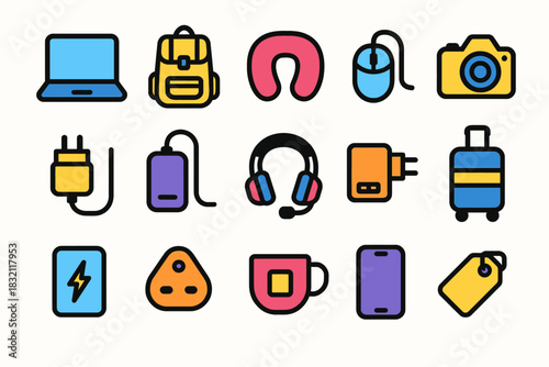 Colorful travel and tech icons set with gadgets and accessories