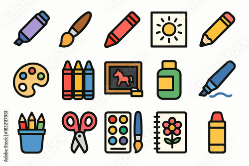 Colorful art supplies collection: crayons, paints, brushes, and sketchbook icons