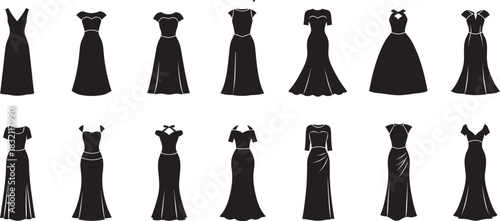A comprehensive guide illustrating various black dress silhouettes and necklines, perfect for fashion design and styling. Vector
