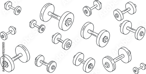 A collection of dumbbells in black and white outline vector style, suitable for fitness and gym related designs